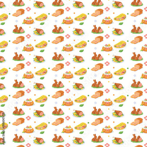 A seamless flat illustration pattern features assorted Easter foods and treats, including festive bread, cakes, chocolate bunnies, eggs, omelets, and ham dishes, scattered playfully