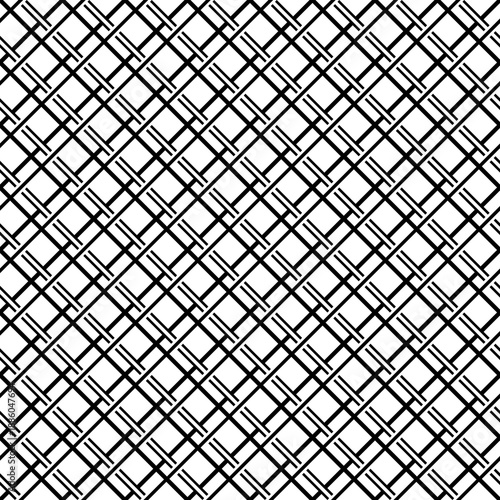 Seamless surface pattern with crossed strokes and lines ornament. Black diagonal stripes grill on white background. Grid motif. Linear wallpaper. Striped image. Digital paper for print. Vector grille.