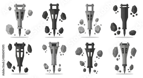 Heavy Duty Industrial Hydraulic Breaker Attachments Demolishing Rocks Vector Set