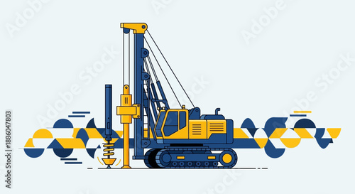 Heavy Duty Piling Rig Machine Working On A Construction Site Flat Vector Design Artwork