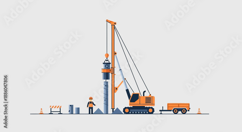 Heavy Duty Piling Rig Operating At Construction Site Foundation Work