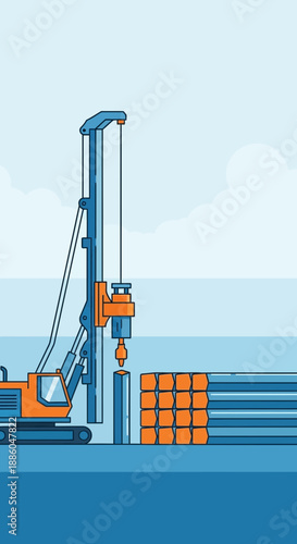 Heavy Duty Piling Rig Working On Building Foundation Site Illustration Construction Industry