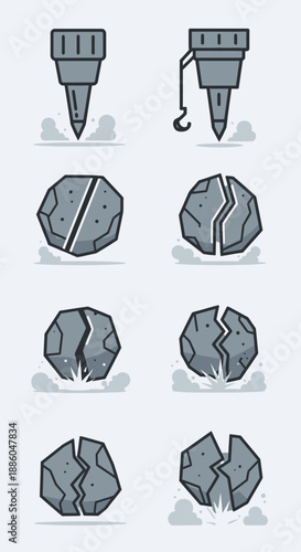 Heavy Duty Jackhammer Breaking Stone Impact Progression Vector Set
