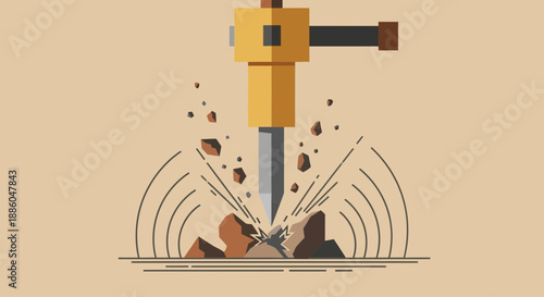 Heavy Duty Jackhammer Breaking Tough Ground Flat Vector Illustration Of Construction Work Impact