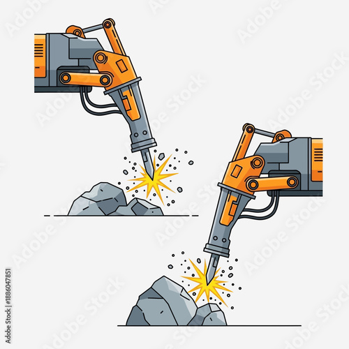 Heavy Duty Pneumatic Drills Demolishing Stone With Intense Sparks And Debris