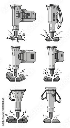 Heavy Duty Jackhammer Equipment Breaking Concrete Vector Illustration Set For Industrial Design