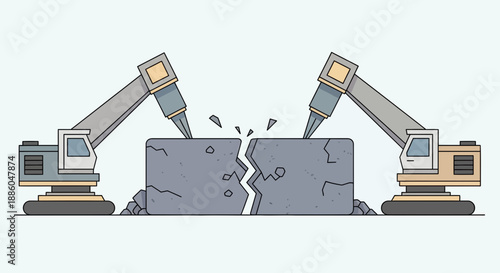 Heavy Duty Jackhammer Excavators Shattering Concrete Block Construction Effort