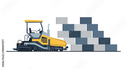 Heavy Duty Road Building Equipment Next To Stacked Concrete Blocks Foundation