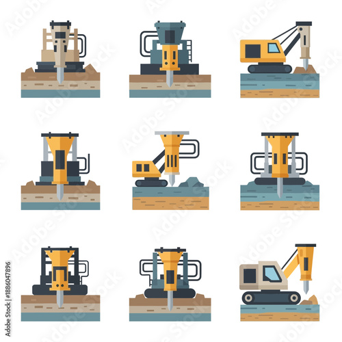 Heavy Duty Jackhammers And Pile Drivers Engaged In Ground Breaking And Demolition Work