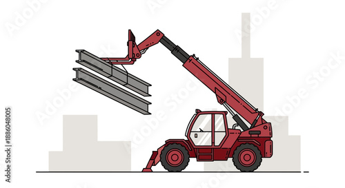 Heavy Duty Telehandler Lifting Steel Beams At Construction Site Illustration Minimalist Design