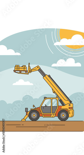 Heavy Duty Telehandler Lifting Supplies On A Bright Sunny Day Vector Art
