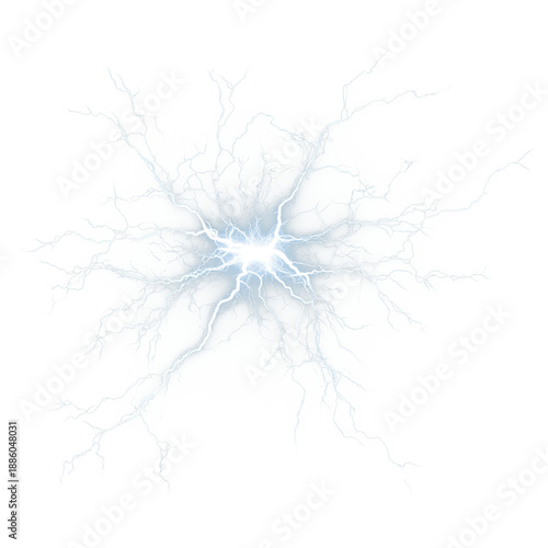 Realistic white lightning bolt discharge with glowing center and fine electrical sparks, isolated power strike, bright plasma energy flash on transparent background