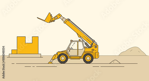 Heavy Duty Telehandler Working On Construction Site With Building Blocks Vector Illustration