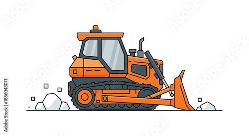 Heavy Duty Orange Bulldozer Pushing Rocks On A Construction Site Vector Illustration