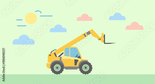 Heavy Duty Yellow Telehandler Equipment Moving On Site Under Sunny Skies With Clouds