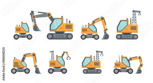 Heavy Equipment And Construction Vehicles Set Isolated On White Background