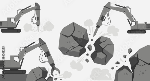 Heavy Equipment Actively Crushing And Demolishing Rocks At Construction Site