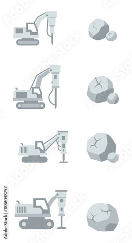 Heavy Equipment Breaking Rocks On A Construction Site With Hydraulic Jackhammer Tool