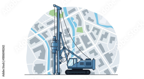 Heavy Duty Pile Driver Machine In City Blueprint Infrastructure Development Project