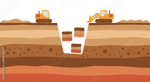 Heavy Equipment Digging Deep Trench Through Layered Earth Strata Construction Site Work Process