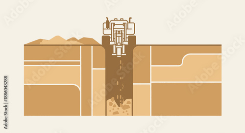 Heavy Equipment Drilling Deep Into Earth Showing Soil Layers For Geological Exploration