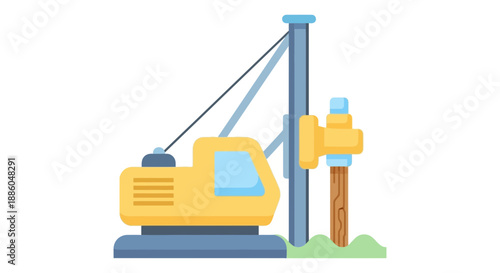Heavy Duty Pile Driver Machine Operating On A Construction Site Vector Illustration