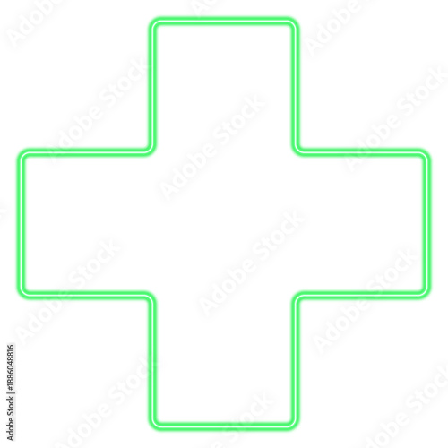 A green glowing neon cross is a symbol of first aid and the sign of a pharmacy or first aid station. Vector illustration
