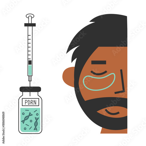 Man face with syringe and PDRN serum ampoule. Salmon DNA anti-aging Korean beauty treatment under eyes. Innovative aesthetic medicine.