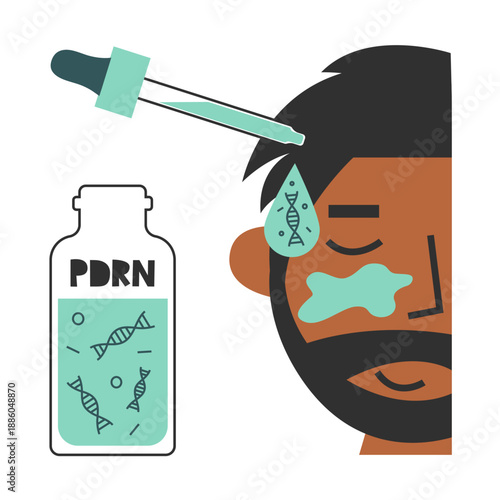 Man with dark skin applies anti-aging non-invasive skincare with salmon DNA PDRN. K-beauty serum innovation for revitalization and regeneration.