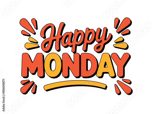A colorful graphic with the words 'Happy Monday' in a playful, cartoonish font, surrounded by vibrant orange and yellow accents.