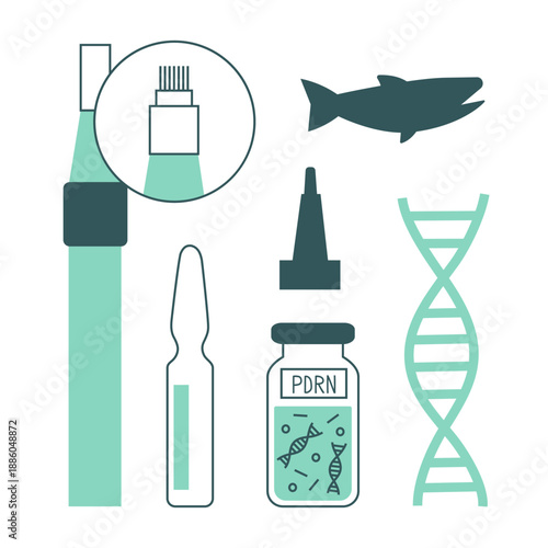 Anti-aging skincare injections with salmon PDRN. Korean beauty aesthetic microneedle treatment for facial revitalization and rejuvenation. Serum, ampoule, pen. Vector flat illustration set.