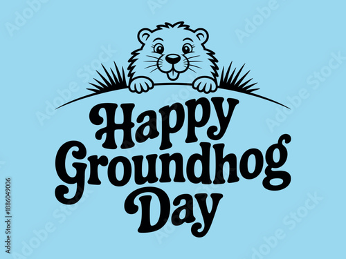 A cartoon groundhog peeking over a hill with the words Happy Groundhog Day written below.