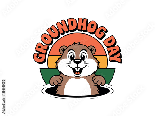 A cartoon groundhog peeking out of a hole on Groundhog Day with a colorful sunset background