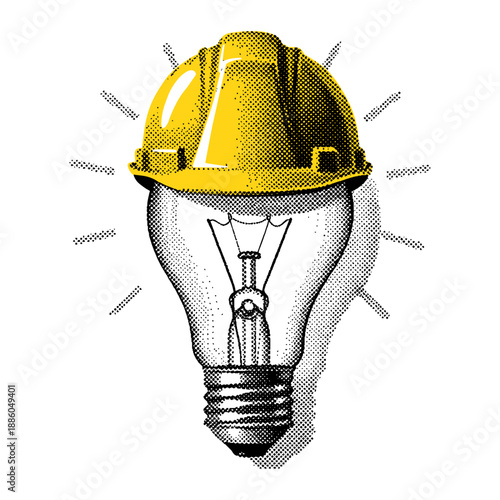 light bulb wearing a yellow hard hat, construction worker innovation illustration in retro halftone style