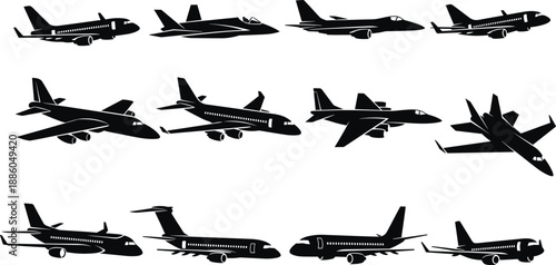 Airplane silhouettes collection featuring commercial jets and fighter aircraft, black vector aviation icons set, side view flying vehicles illustration