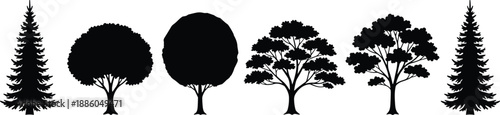 Black tree silhouettes set featuring evergreen and deciduous forest shapes, natural landscape elements isolated on white background for design and branding projects