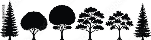 Black tree silhouettes set showing conifer and deciduous forest shapes isolated on white background for landscape design projects and branding