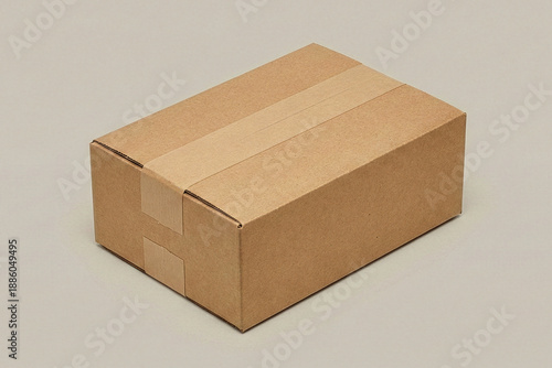 Isometric high angle view of a closed rectangular cardboard shipping box sealed with wide paper tape