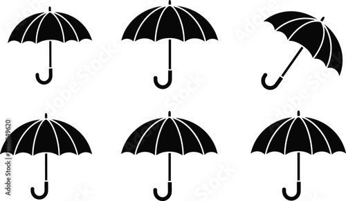 Minimal umbrella silhouette vector set in multiple angles, black rain protection icons for weather apps, insurance branding, safety concepts, and graphic design