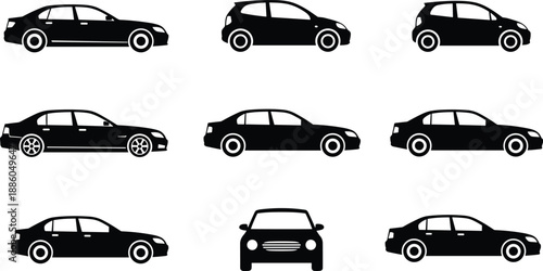 Modern car silhouettes collection, black vehicle icons set including sedan and hatchback, automotive vector illustrations for transport, UI, and branding