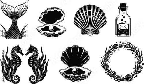 Ocean fantasy silhouette icon set with mermaid tail, shells, pearl oyster, seahorses, wreath, bottle, nautical vector illustration pack black white