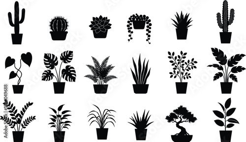 Potted houseplant silhouettes set in black, indoor plants, cactus, succulents and foliage icons isolated on white background for design projects
