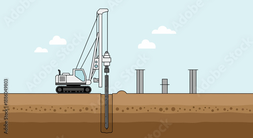Heavy Equipment Performing Pile Driving For Foundation Construction Project