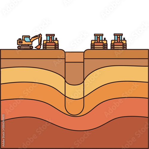 Heavy Equipment Operating On Layered Soil Profile Digging Trench Illustration