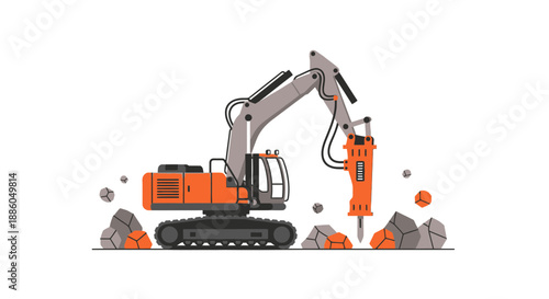 Industrial Demolition Excavator With Breaker Attachment Crushing Rocks Vector Illustration