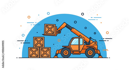 Heavy Equipment Telehandler Lifting Cargo Crate In Modern Logistics Operations Vector Illustration