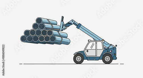 Heavy Machinery Telehandler Safely Transporting Stacked Pipes At Industrial Site