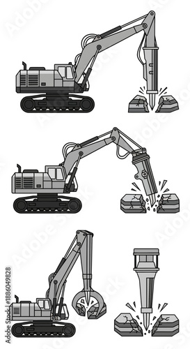 Industrial Demolition Excavators With Hydraulic Breakers And Claws Breaking Rocks Vector Set