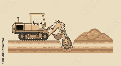Heavy Machinery Trenching Illustration Digging Earth For Infrastructure Work Building Site