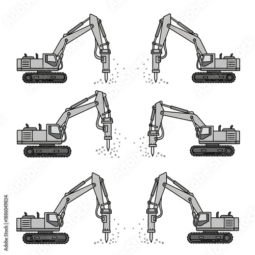 Industrial Demolition Excavators With Hydraulic Breakers Breaking Ground Vector Illustrations